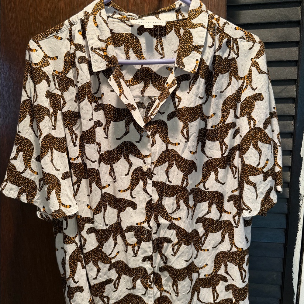 Women’s size large White button up Shirt with leopard Cheetah Print